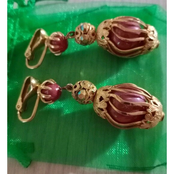 Vintage Victorian Style Maroon & Gold Dangle Clip-On Earrings Women Boho GUC - Picture 3 of 4